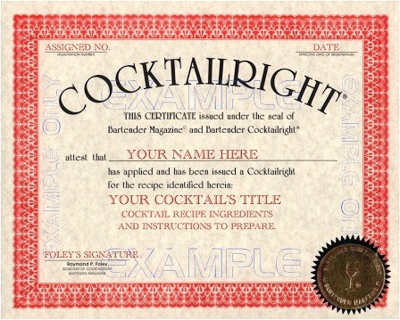Officially registered cocktail recipe certification by BARTENDER® Magazine showcasing CocktailRight® certificate.